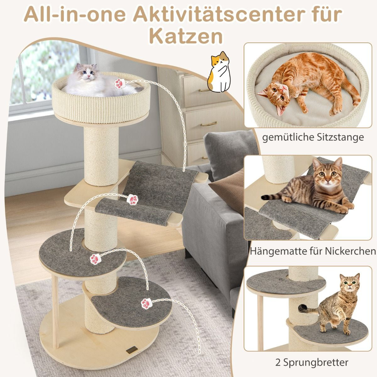 120 Cm Kratzbaum Holz Katzenbaum Mit Hängematte & 3 Plattformen & Sisal-Teppich Grau