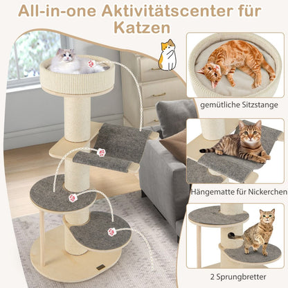 120 Cm Kratzbaum Holz Katzenbaum Mit Hängematte & 3 Plattformen & Sisal-Teppich Grau