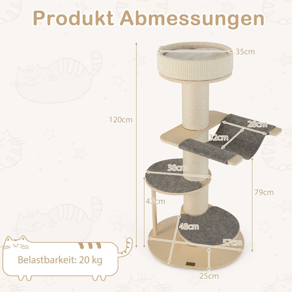 120 Cm Kratzbaum Holz Katzenbaum Mit Hängematte & 3 Plattformen & Sisal-Teppich Grau