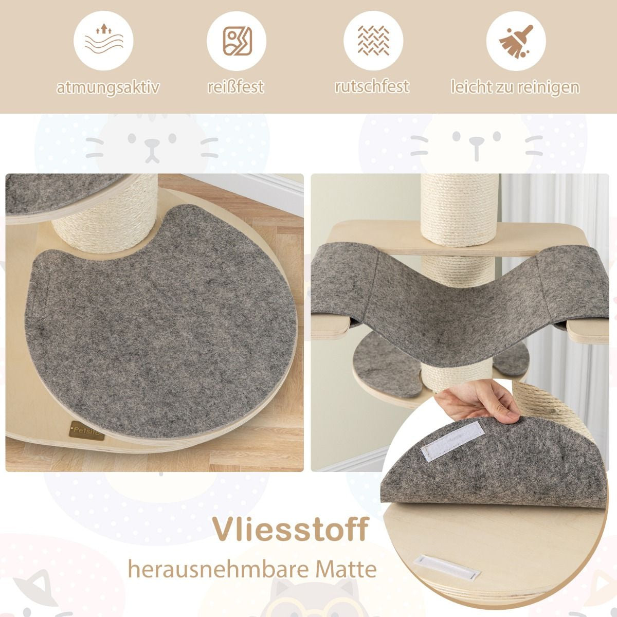 120 Cm Kratzbaum Holz Katzenbaum Mit Hängematte & 3 Plattformen & Sisal-Teppich Grau