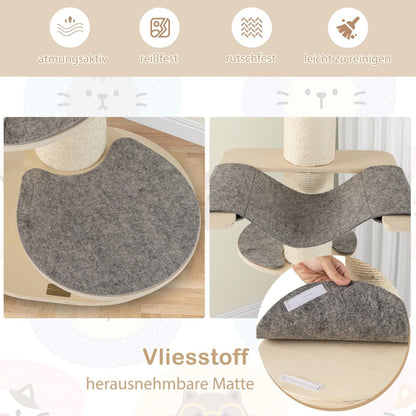 120 Cm Kratzbaum Holz Katzenbaum Mit Hängematte & 3 Plattformen & Sisal-Teppich Grau