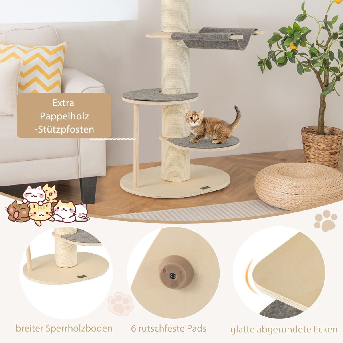 120 Cm Kratzbaum Holz Katzenbaum Mit Hängematte & 3 Plattformen & Sisal-Teppich Grau