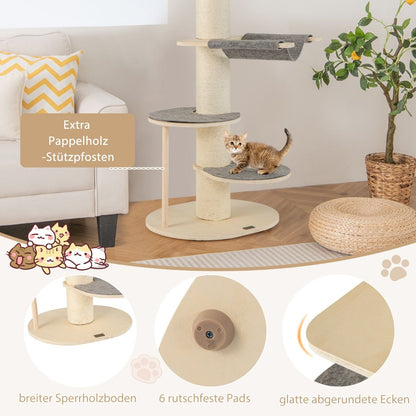 120 Cm Kratzbaum Holz Katzenbaum Mit Hängematte & 3 Plattformen & Sisal-Teppich Grau